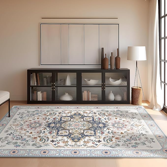 Phantoscope Washable Area Rug 5'x7' Non-Slip, Vintage Boho Rugs for Living Room, Bedroom, Dining Room, Persian Floral Medallion Pattern, Low-Pile Foldable Floor Carpet, Ivory Blue/Garden Bloom