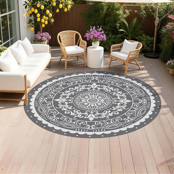 Pauwer Waterproof Outdoor Rug 8ft, Reversible Plastic Straw Patio Camping Rug, Indoor Outdoor RV Mat Carpet for Deck, Camper, Porch, Balcony, Backyard, Picnic, Paisley Grey