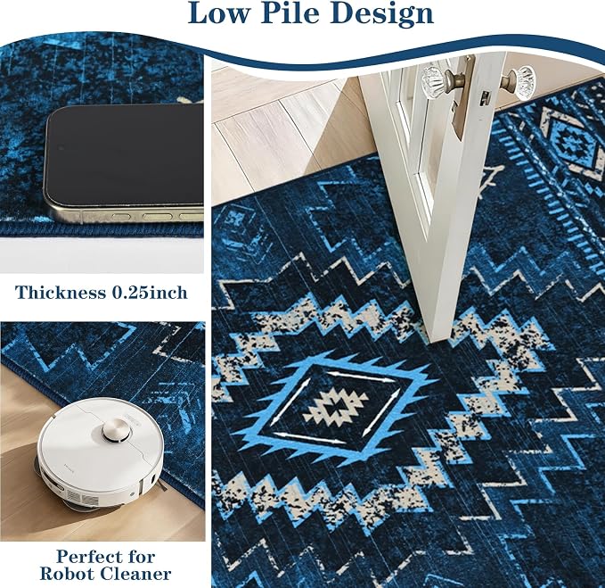 Yinhua Western 2x3 Rug Non-Slip, Aztec Entryway Rugs Low-Pile, Navy Blue | Moroccan Washable Rug Stain Resistant, Front Door Rugs with Rubber Backing for Bathroom Kitchen Hallway