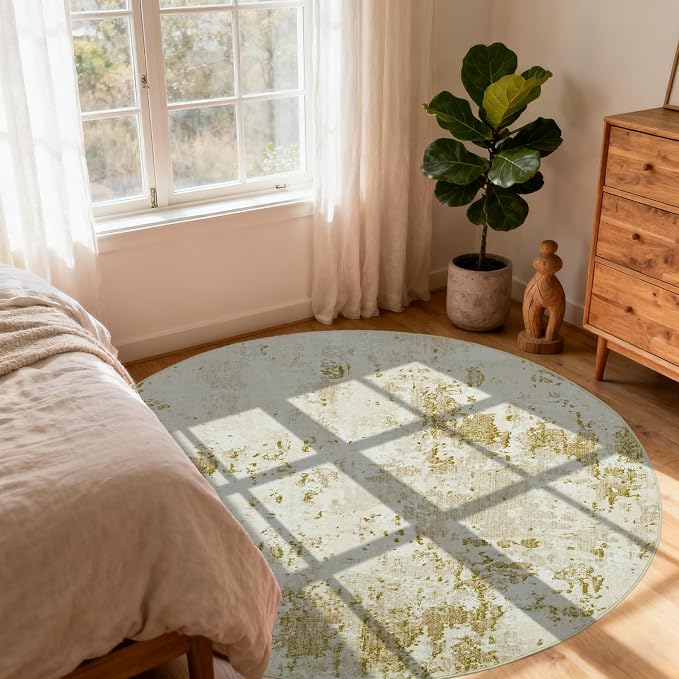 ROYHOME Modern Abstract 4x4 Round Area Rug Non Slip Non Shedding Rug Low Pile Stain Resistant for Bedroom Living Room Office Dining Room,Golden Grey