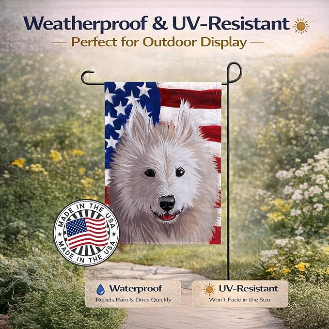 Caroline's Treasures CK6687GF Samoyed Dog American Flag Garden Flag Mailbox Flag Decorative Yard Flag Banner Outside Patio Artwork Yard Flower Beds, Garden Size, Multicolor