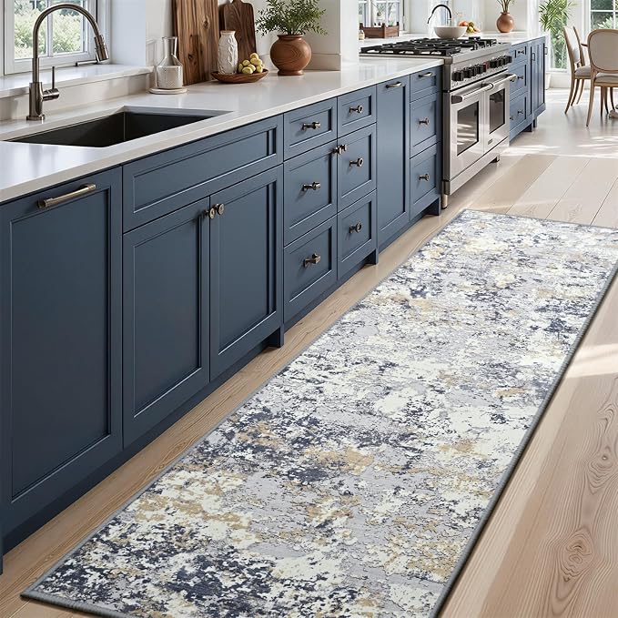 Toneed Washable 2x6 Non-Slip Abstract Runner Rug for Hallway Kitchen | Soft Modern Low Pile Area Rugs for Bedroom Laundry Living room,Indoor Carpet for Bedside Home Decor, Blue White Gold