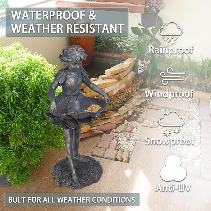 Outdoor Garden Statues - Bird Bath & Feeder Combo - Standing Angel Fairy Statues, 14.25*12.25*28.75 Inch