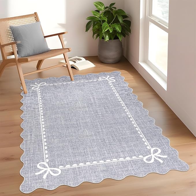 GarveeHome Scalloped Bow Rug 3x5 Washable Grey Rugs for Bedroom Living Room | Non Slip Soft Low Pile Indoor Carpet for Nursery Girls Bedroom Decor Hallway Kids Room College Dorm Playroom