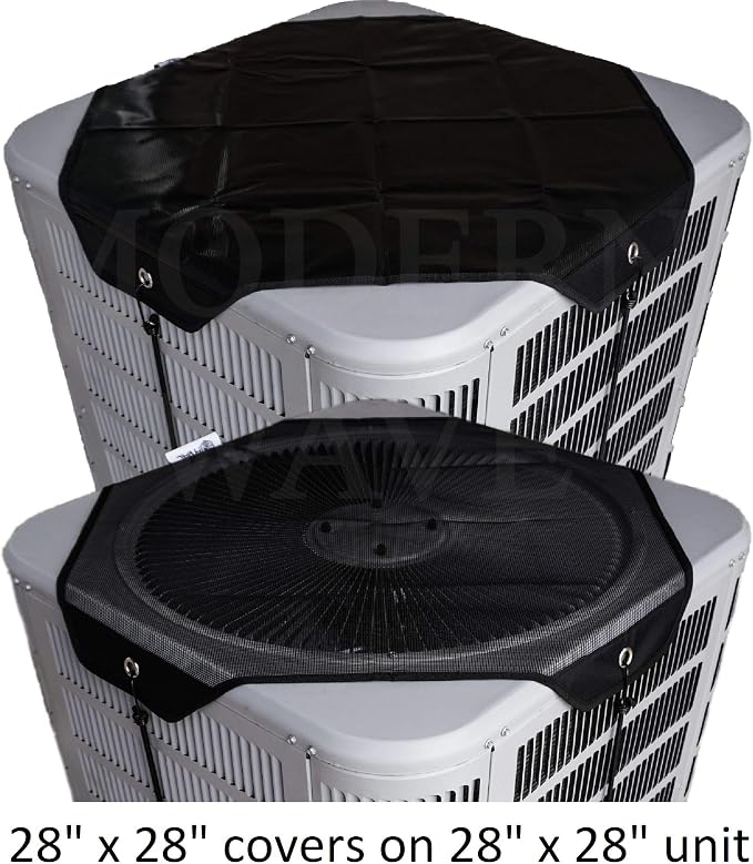 MODERN WAVE - 2 (Two) Central Air Conditioner Covers for Outside Units 28 x 28 inch - 1 (One) Top Universal Mesh Cover and 1 (One) Winter Waterproof Outdoor AC Defender Cover (Black, 28" x 28")