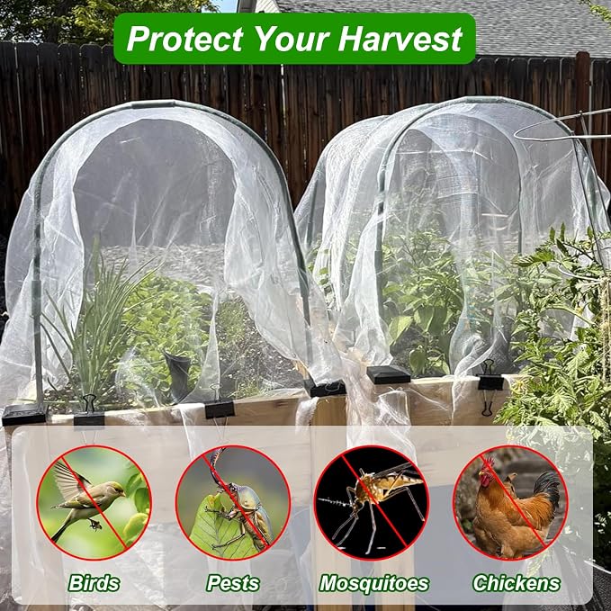 Garden Netting Kit, Garden Hoops 6Pcs 37.4" x 27.5" +10x33FT Garden Mesh Netting Barrier Bird Barrier Protection Net Vegetable Fruit Plant Cover