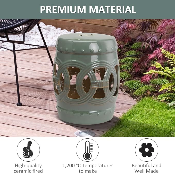 Outsunny 14" x 17" Ceramic Garden Stool with Double-Coin Knotted Ring Design & Strong Glazed Material, Decorative Outdoor Stool, Home Collection, Green
