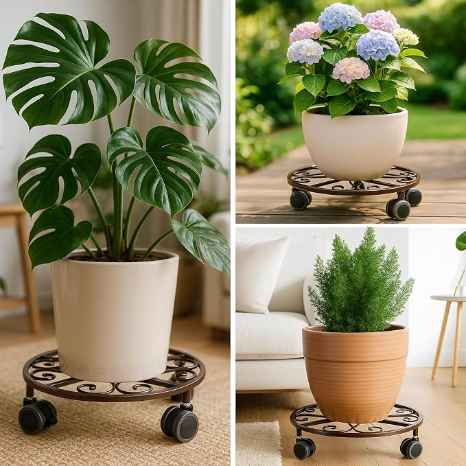 8 Pack Plant Caddy with Wheels Heavy Duty 11.8 Inches Metal Plant Stand with Wheels Plant Dolly Rolling Plant Stand Plant Roller with Casters for Indoor and Outdoor (8, Bronze)