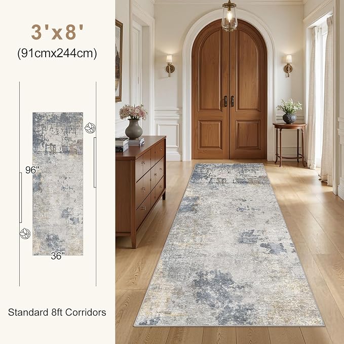 UERMEI 3x8 Washable Runner Rug for Hallway, Non Slip Low Pile Kitchen Carpet, Neutral Modern Abstract Indoor Floor Mat for Entryway Laundry, Kid & Pet Safe High Traffic Area, Blue Grey