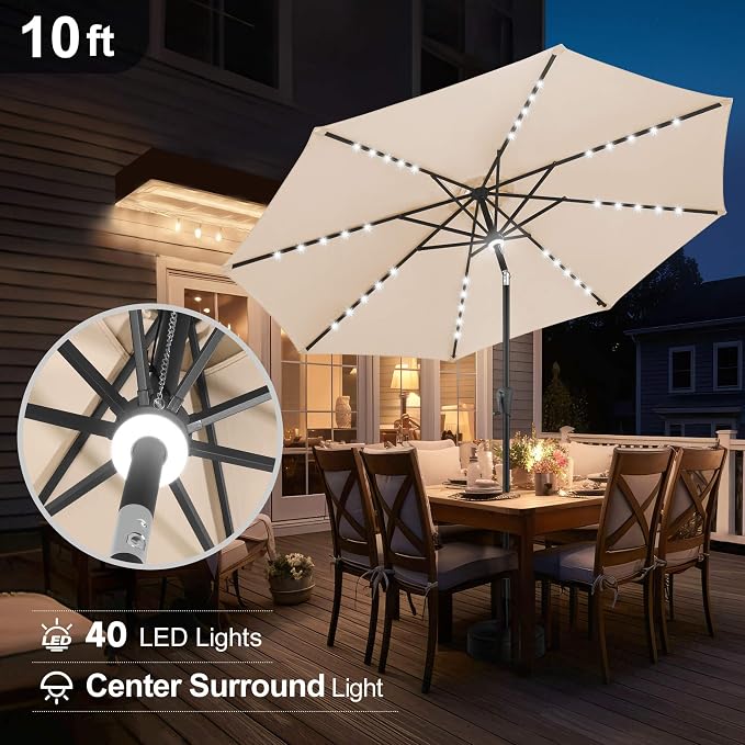 FLAME&SHADE 10 FT Solar Light Patio Umbrella, 40 LED Lights Outdoor Umbrella with Centre Surround Light, Table Market Umbrella for Deck, Pool, Porch, Backyard, Garden, UV Protection, Beige