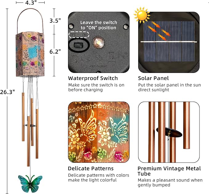 Butterfly Solar Light Wind Chimes for Outside, Hanging Memorial Wind Chimes Gifts for Mother’s Day Women Mom Grandma Sister