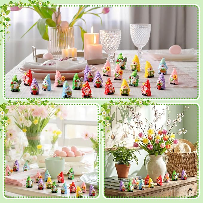 Yaomiao 60 Pcs Mini Gnomes Figurines Flower Resin Gnomes Figurines Decorations Sunflower Tulips Flowers Pots Mini Resin Gnome for Summer Table Landscape Fairy Garden Accessories Tiered Tray Decor
