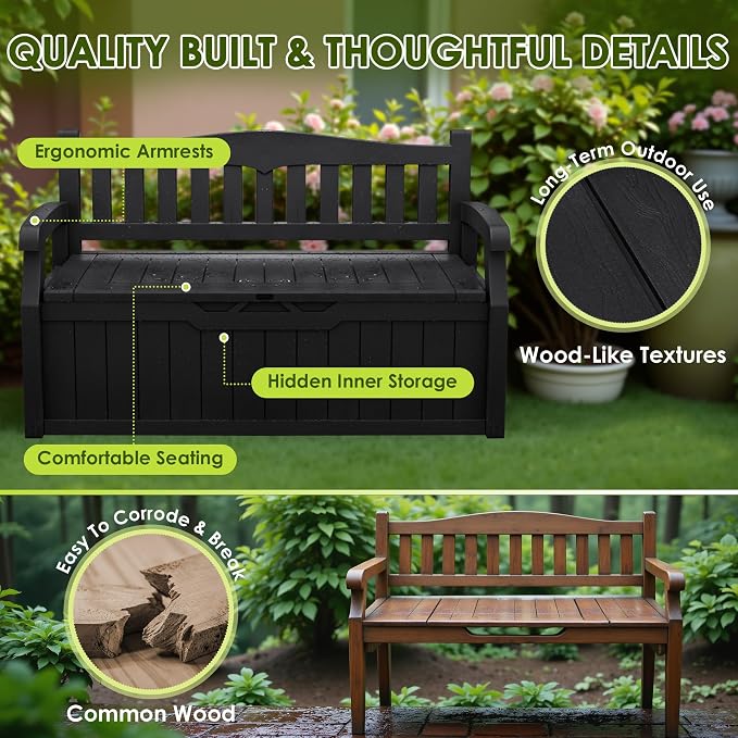 Greesum 80 Gallon Heavy-Duty Outdoor Storage Bench with Cushion, UV-Resistant Resin Bench with Armrest, Deck Box for Garden, Poolside, Patio, Black