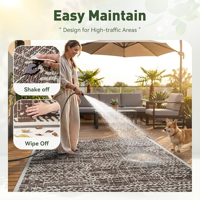 MontVoo Outdoor Rug 8x10 Waterproof-Patio Rug Mat Outdoor RV Camping Picnic Beach Mat Plastic Straw Rugs Outside Outdoor Area Rugs for Balcony Deck Backyard Brown