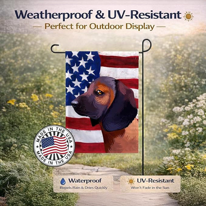 Caroline's Treasures CK6420GF Bavarian Mountain Hound American Flag Garden Flag Mailbox Flag Decorative Yard Flag Banner Outside Patio Artwork Yard Flower Beds, Garden Size, Multicolor
