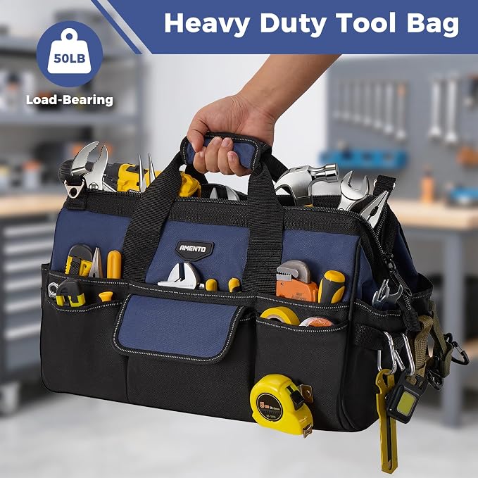 18-Inch Heavy Duty Tool Bag, 22 Pockets Empty Tool Box Organizer Storage, Soft Tote Toolbox Organization Portable Handle Carrying Work Toolbag for Electrician Mechanic, Dad Men Gifts, Blue
