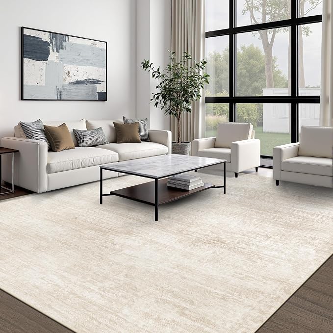 pmtsns Area Rugs 10x14 Living Room: Washable Rug Modern Abstract Neutral Soft Non-Slip Low-Pile Indoor Large Carpet for Bedroom Dining Room Playroom Home Office (Beige, 10'x14')