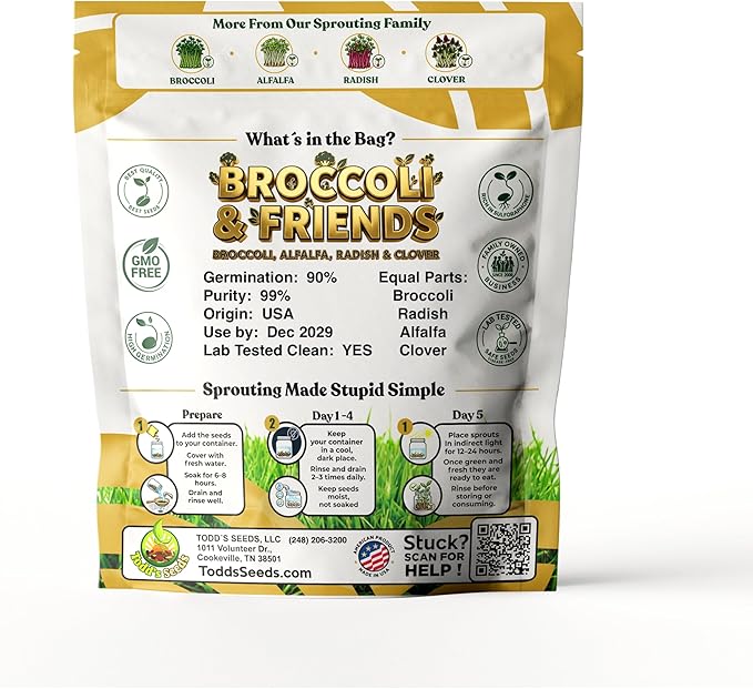 Todd's Seeds Broccoli & Friends Sprouting Mix, 1lb - Non-GMO | Fills 12-15 Jars - Non-GMO, Lab Tested, Chemical Free & USA Grown