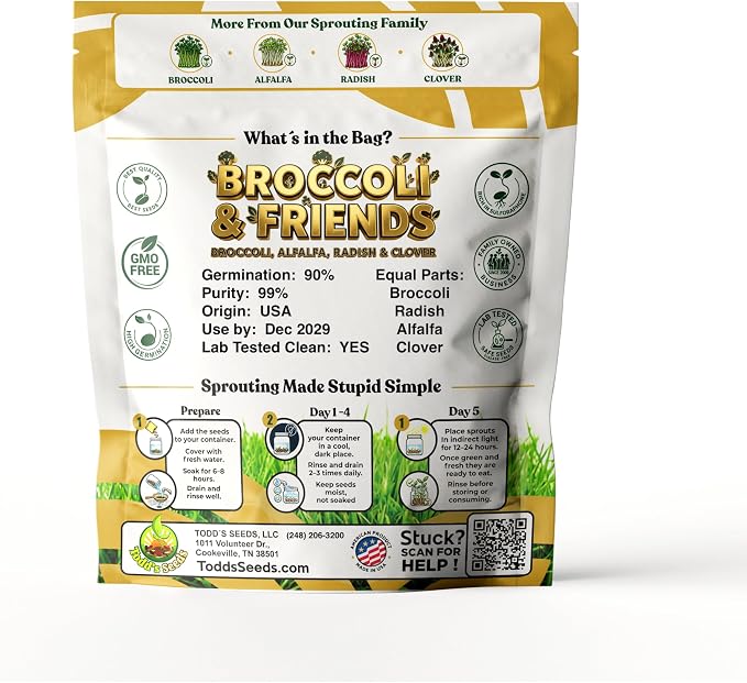 Todd's Seeds Broccoli & Friends Mix 1/4 lb - Broccoli Alfalfa Radish Clover | Broccoli, Clover, Radish & Alfalfa. Fast-growing microgreens in 5 days. Chemical free, high germination. USA made since 2009.
