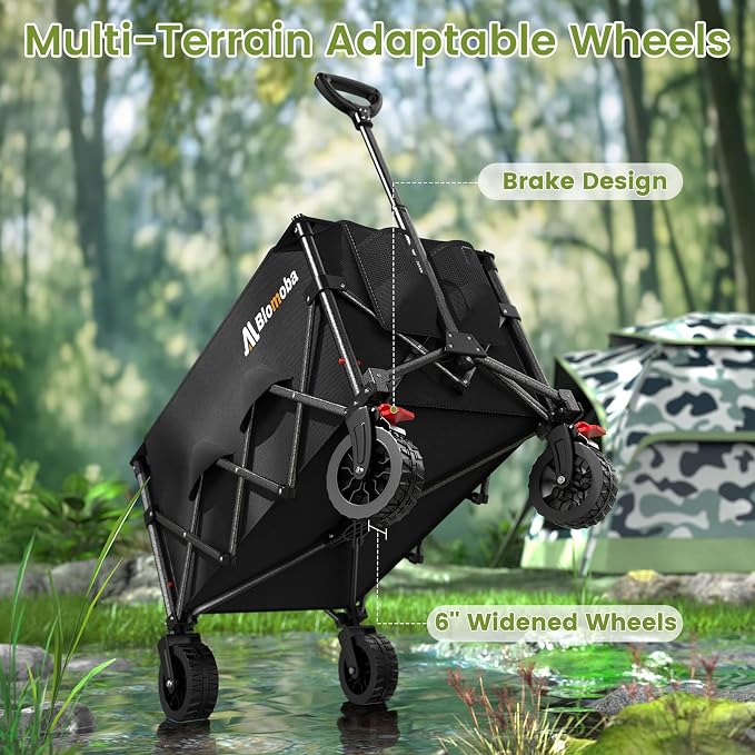 Blomoba Collapsible Wagon Cart, 220lbs Utility Grocery Shopping Cart, 150L Foldable Beach Wagon with Wider Wheels & Auto-Rebound Handle