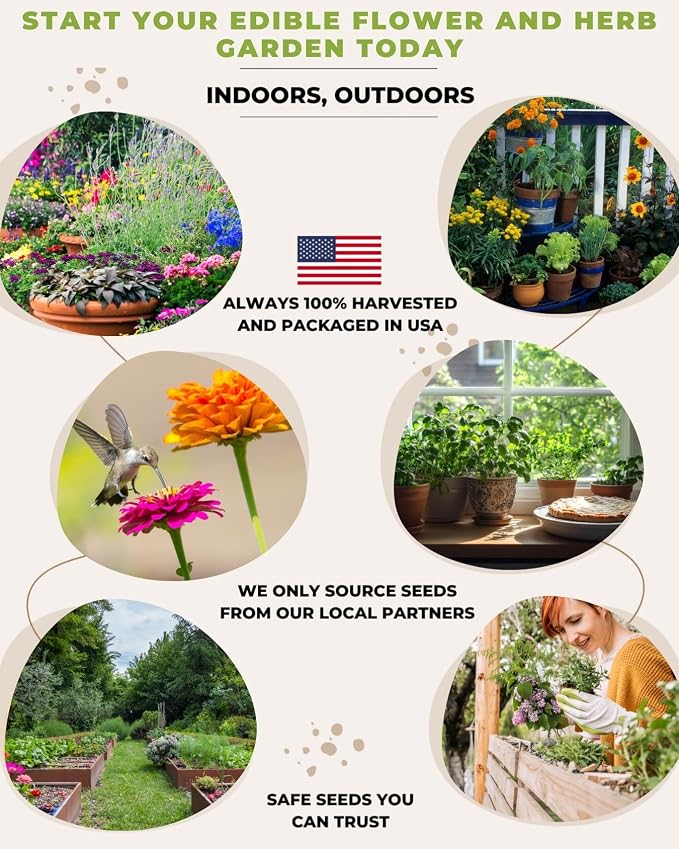 35 Tactiko Edible Flower & Herb Seeds Kit Variety - USA Grown Heirloom Non-GMO Open-Pollinated Seeds for Planting - Indoor Outdoor Gardening - Survival Long-Term Storage - Resealable Mylar Bag