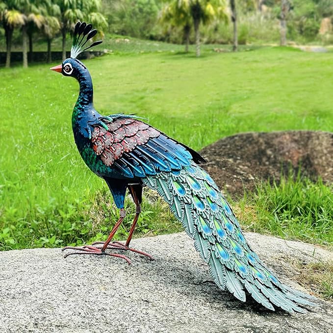 Kircust Outdoor Metal Peacock Statue, 24" L | Decor Art, Garden Sculpture, Weatherproof, Handcrafted For Patio, Yard, Home