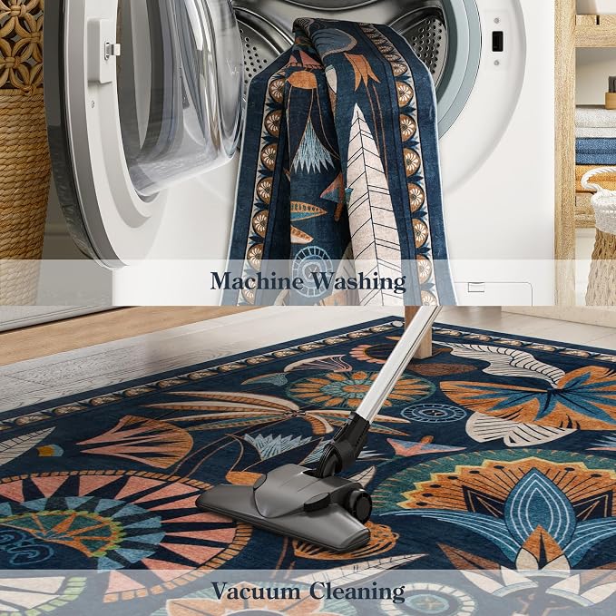 Zealude Egypt Floral Kitchen Runner Rugs Non Skid Washable,2x8 Boho Vintage Hallway Bathroom Runner Rug Non Slip,Soft Long Carpet for Laundry Room Entryway Bedroom (Dark Blue,2 x 8)