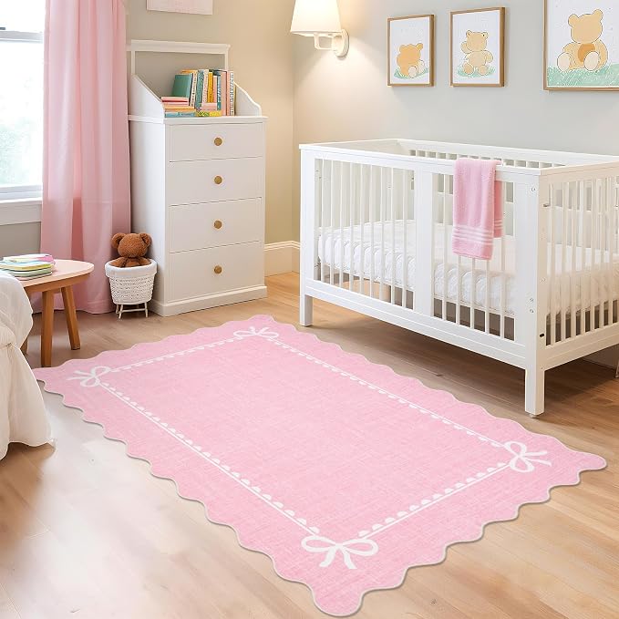 GarveeHome Scalloped Bow Rug 4x6 Washable Pink Rugs for Bedroom Living Room | Non Slip Soft Low Pile Indoor Carpet for Nursery Girls Bedroom Decor Hallway Kids Room College Dorm Playroom