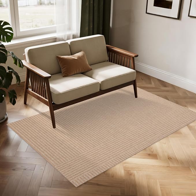 Easy Jute Rug 4x6 Outdoor: Natural Modern Area Rugs for Patio Porch Deck Linen-Look Fabric Durable - Neutral Washable Carpet for Entryway Living Room Bedroom Indoor Non Slip - Beige Stripes