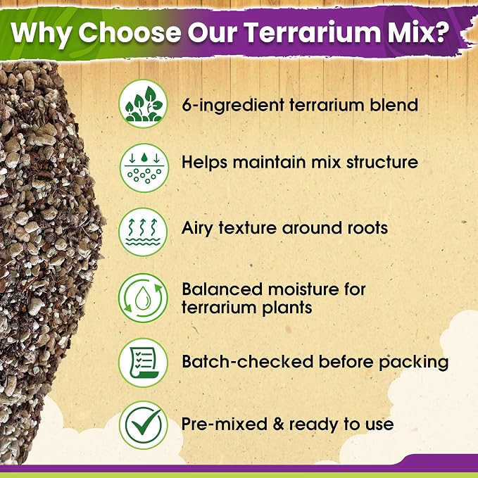 DUSPRO Premium 6in1 Terrarium Soil Mix – Pre-Mixed Terrarium Substrate Mix for Terrariums, Balanced Moisture Growing Medium with Coco Coir, Peat Moss, Pine Bark, Perlite, Pumice & Zeolite 4QRT