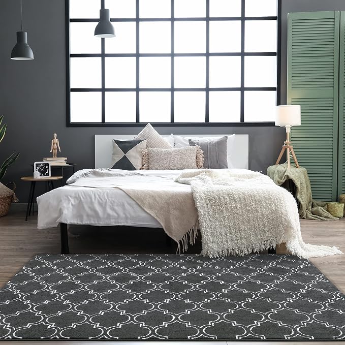 Chicrug 7x10 Shag Geometric Modern Area Rug for Bedroom Living Room | Memory Foam Indoor Carpet, Fluffy Rug for Bedside Room for Family Girls Kids Play Mat, Dark Grey and White