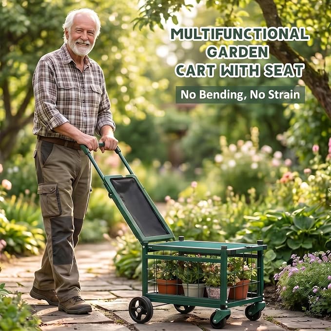 Garden Cart with Seat and 360° Swivel Wheels, Rolling Garden Work Seat with Workbench, Metal Storage Basket, and Tool Bag, Heavy Duty Gardening Carts and Wagons for Seniors