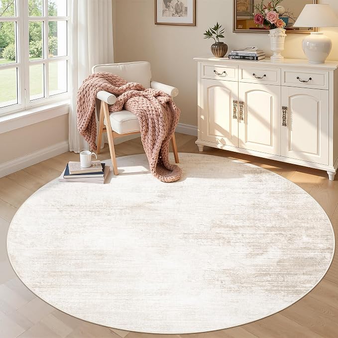 4ft Round Rug Living Room Area Rugs: Washable Modern Abstract Circle Rug Soft Non Slip Neutral Rugs Stain Resistant Indoor Carpet for Bedroom Kitchen Dining Room Home(Beige,4' Round)