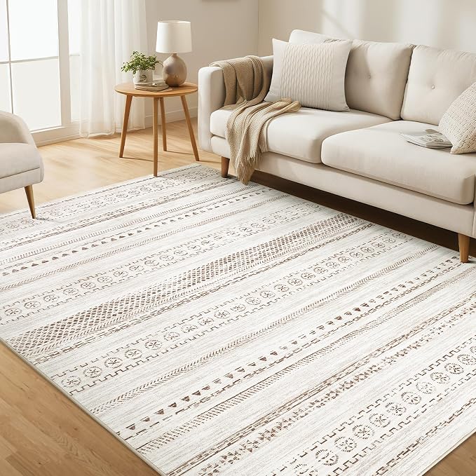 kakania Washable 5x7 Area Rug for Living Room: Boho Geometry Home Decor | Soft Stain Resistant, Low-Pile, Non-Slip, Pet & Kid Friendly, Thin Rug for Bedroom/Dining Room/Kids Dorm - Brown