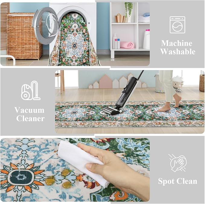 U'Artlines 2.6' x 20' Extra Long Boho Hallway Runner Rug, Green | Non Slip Washable Vintage Farmhouse Accent Area Rug Carpet for Kitchen Entryway Laundry and Living Room