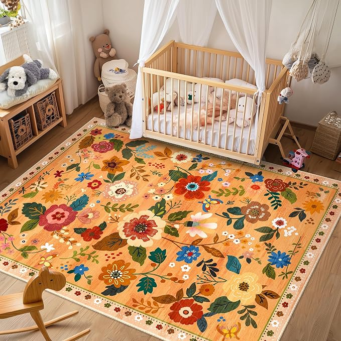 RELEANY Floral Washable 6x9 Area Rugs Orange/Yellow/Red | Flower Carpet, Print, Boho, Non-Slip, Easy to Clean, Soft, Low Pile for Living Room Bedroom Kitchen Office Entryway Hallway