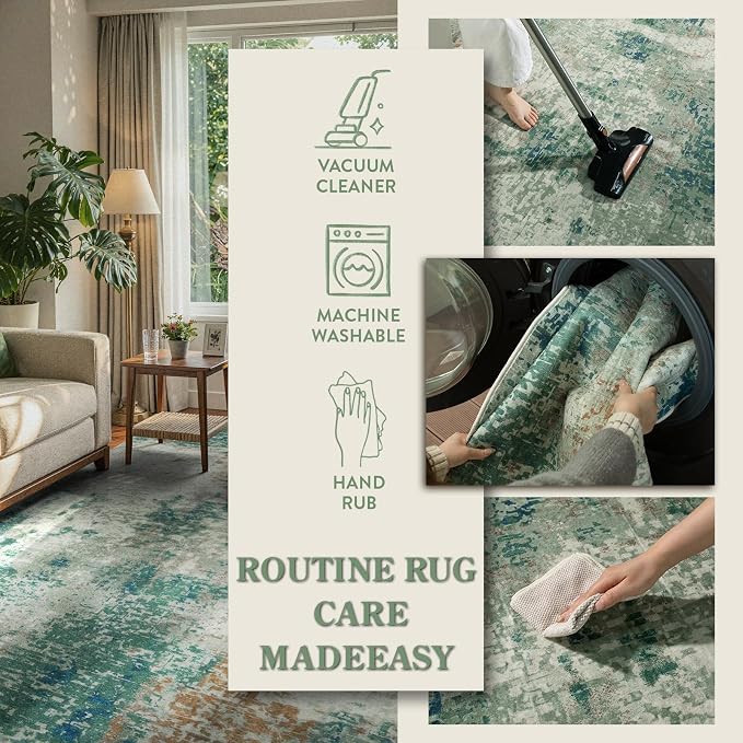 Lahome Modern Abstract Area Rugs 3x5 Washable Rug, Throw Rugs for Bedroom Low Pile Anti Slip, Distressed Accent Carpet for Entryway Kitchen Bathroom Laundry Front Door, Green/Grey