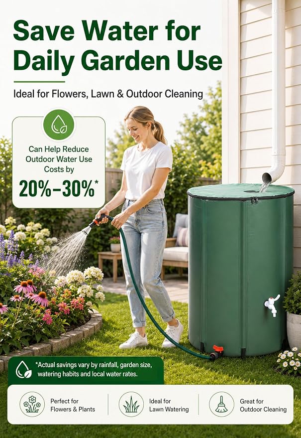 132 Gallon Collapsible Rain Barrel, Rain Water Collection Barrel System Kit, Collapsible Water Tank with 2 Spigots and Overflow Kit, Portable Rain Water Catcher for Garden, Green