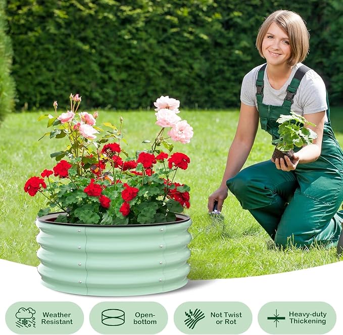 Garvee Galvanized Raised Garden Bed, 2Pcs Raised Garden Beds Outdoor, Round Planter Raised Beds with Gloves and Rubber Edge Trim for Vegetables, Flowers and Herbs, 2x2x1 FT, Green