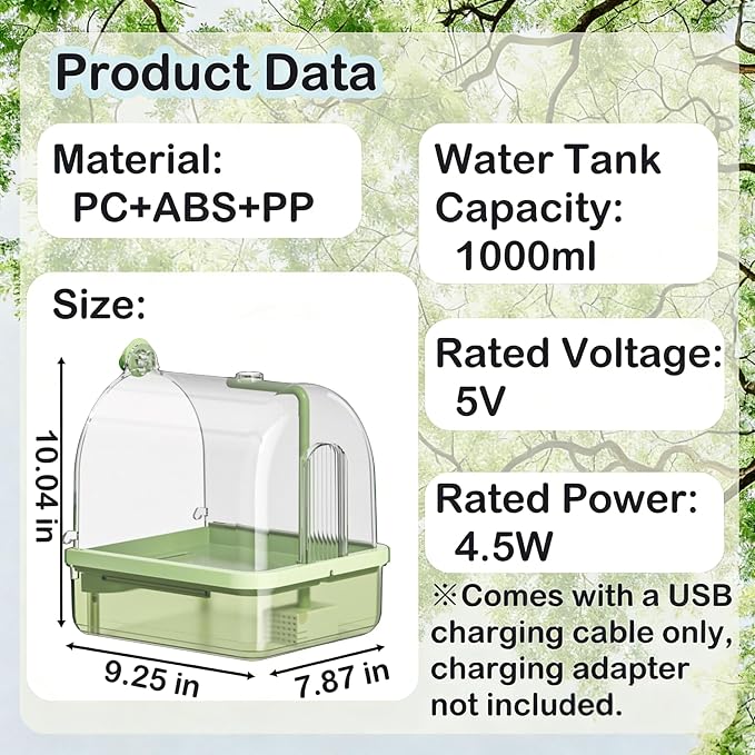 Bird Bath for Cage with Pump, Parrot Shower Bathtub Running Water (Green) | Circulating Water; Dual Filter; Spacious Parrot Shower Bathtub; For Parakeets, Cockatiels, Lovebirds; Cage & Tabletop Use