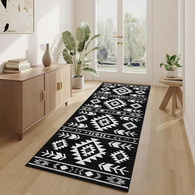 Western Runner Rug 2x6 for Hallway Kitchen Bedroom, Southwestern Aztec Tribal Runner Rugs Southwest Navajo Machine Washable Rug Non-Slip Printed Low-Pile Floor Carpet Mat for Living Room, Black