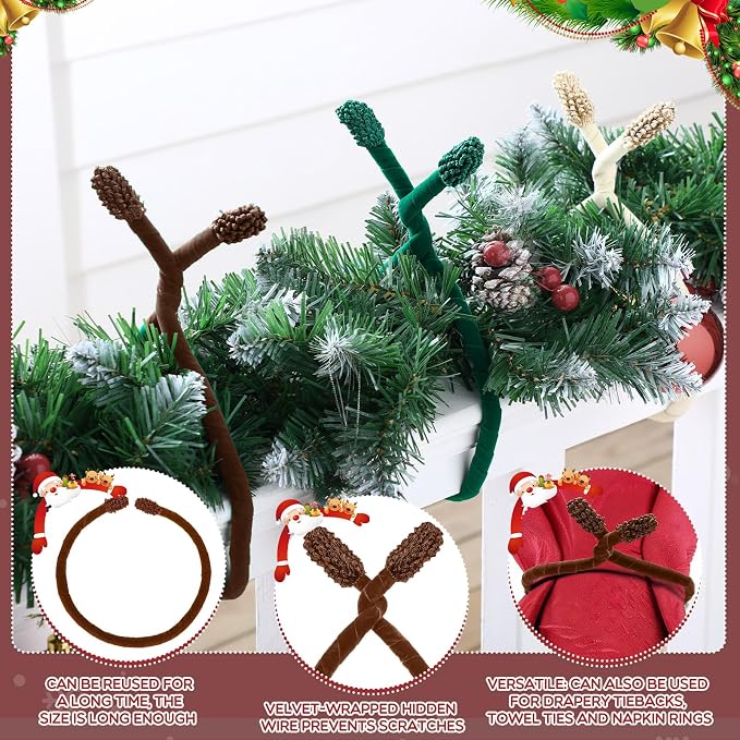 Zhengmy 16 Pcs 25 Inches Christmas Velvet Garland Ties Christmas Decorative Twist Ties for Banister Stairway Railing Reusable Flexible Twist for Xmas Home Decor Holiday Craft Wrapping(Earth Tones)