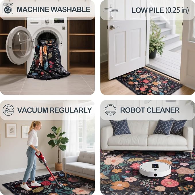 Washable 2' x 6' Runners for Hallways, Non Slip Long Floor Runner for Kitchen, Entryway Indoor, Stain Resistant Rubber Backing Floral Decor Rug (Black)