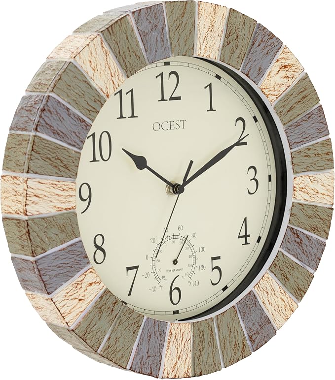 OCEST Indoor Outdoor Clock and Thermometer, 13 Inch Large Waterproof Wall Clocks, Retro Silent Non-Ticking Battery Operated Weatherproof Clock for Patio, Pool, Lanai, Fence, Porch, Garden