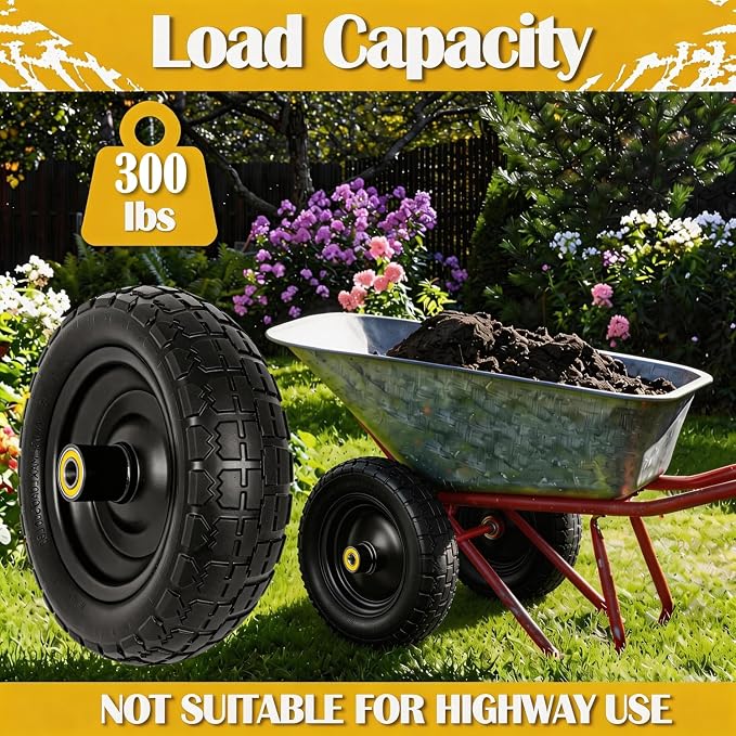 10" G orilla Cart Tires Flat Free, 300LB Capacity, with 5/8" Axle Bore Hole, 2.2" Offset Hub, Solid Rubber Tire for GOR Garden Cart, Trolleys, Hand Trucks, Yard Trailers, 4 Pack