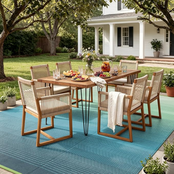 Lahome Outdoor Patio Rug Waterproof 6x9,Plastic Straw Rug Reversible,Large Porch Carpet Floor Decor,Portable Outside Camping Mats for Picnic Balcony Tent Deck, Blue-Green 6x9