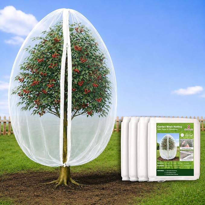 Jevrench 4 Pack 6.5 x 6.5ft Garden Netting for Plants, Fruit Tree Netting with Zipper & Drawstring, Bird Netting for Garden Protection, Blueberry Bushes, Tomato Plants & Fruit Trees