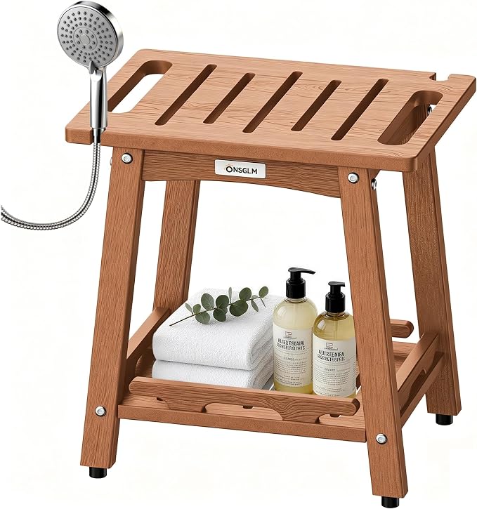 Shower Bench Seat, Non-Slip Shower Benches for Inside Shower to Sit on, HDPE Waterproof Shower Stool for Shaving Legs, Shower Chair with Adjustable Feet for Bathroom, Indoor/Outdoor Use, Teak
