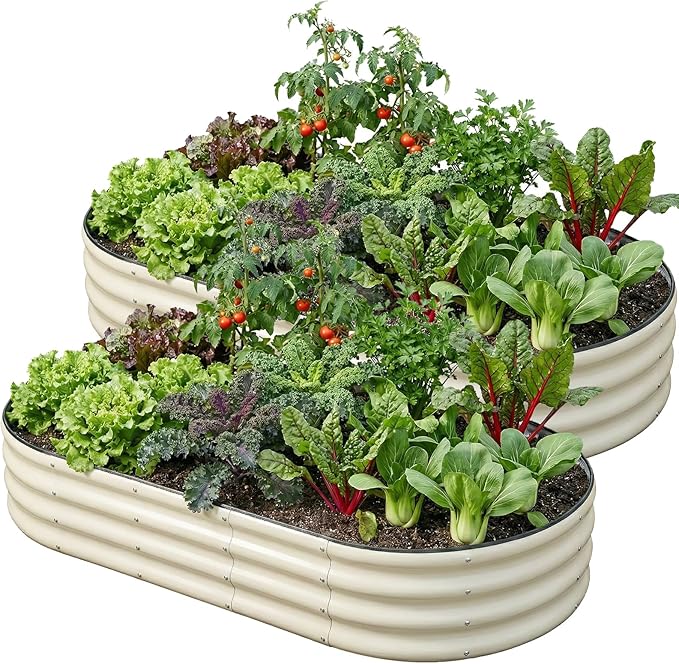SnugNiture 2 Pcs 6x3x1ft Oval Metal Raised Garden Bed for Vegetables, White