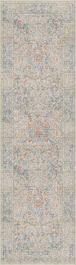 Non Slip Beige Blue Hallway Runner Rug - Long Runner Rugs 2x7 Washable Kitchen Floor Mat, Laundry Room Rug, Bathroom Runner - Vintage Design Décor